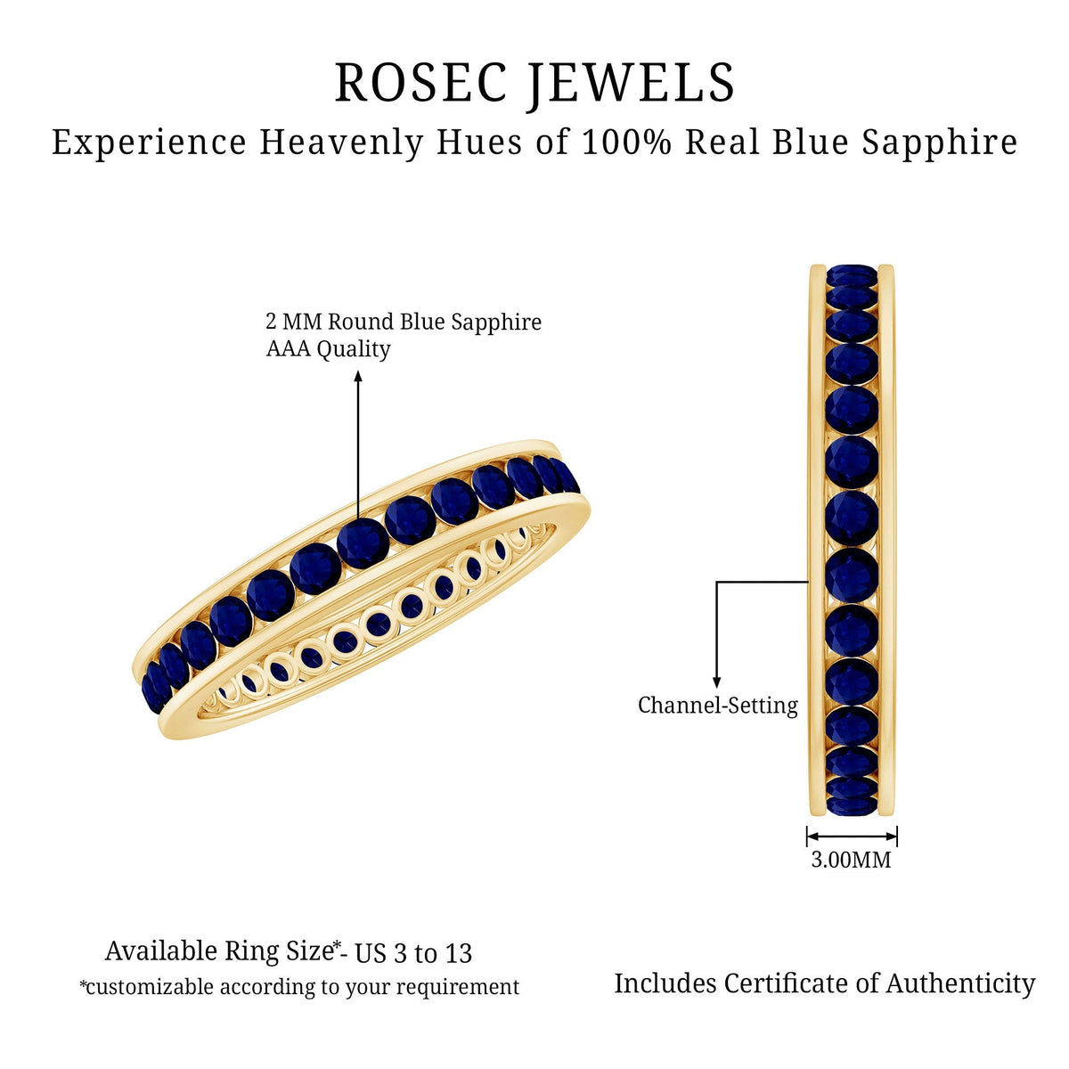 Blue Sapphire Eternity Ring, Channel Set Stackable Ring For Women
