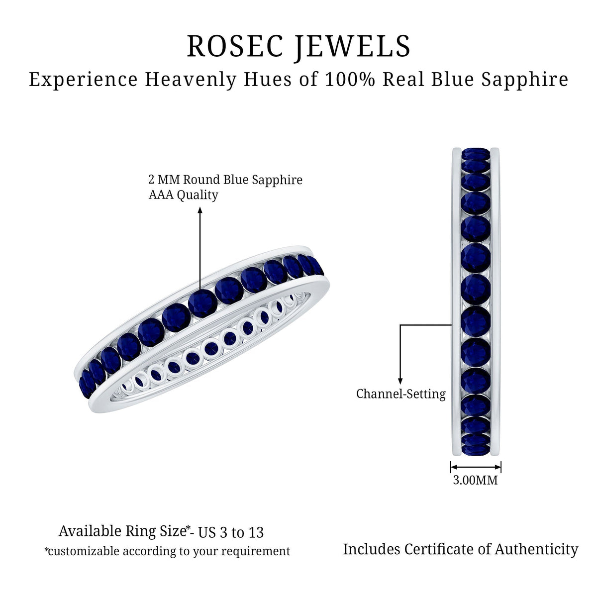 Blue Sapphire Eternity Ring, Channel Set Stackable Ring For Women