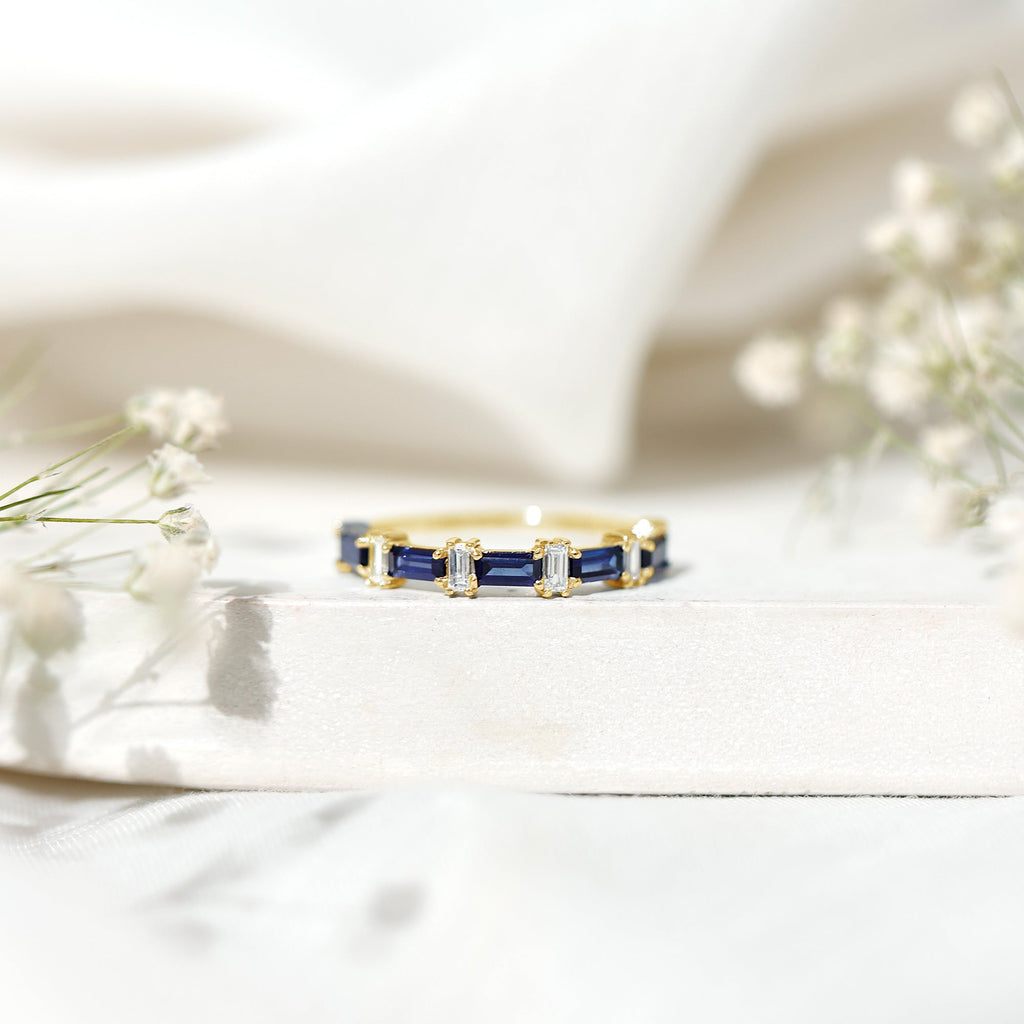 Blue Sapphire Eternity Ring Diamond Half Eternity Baguette Band