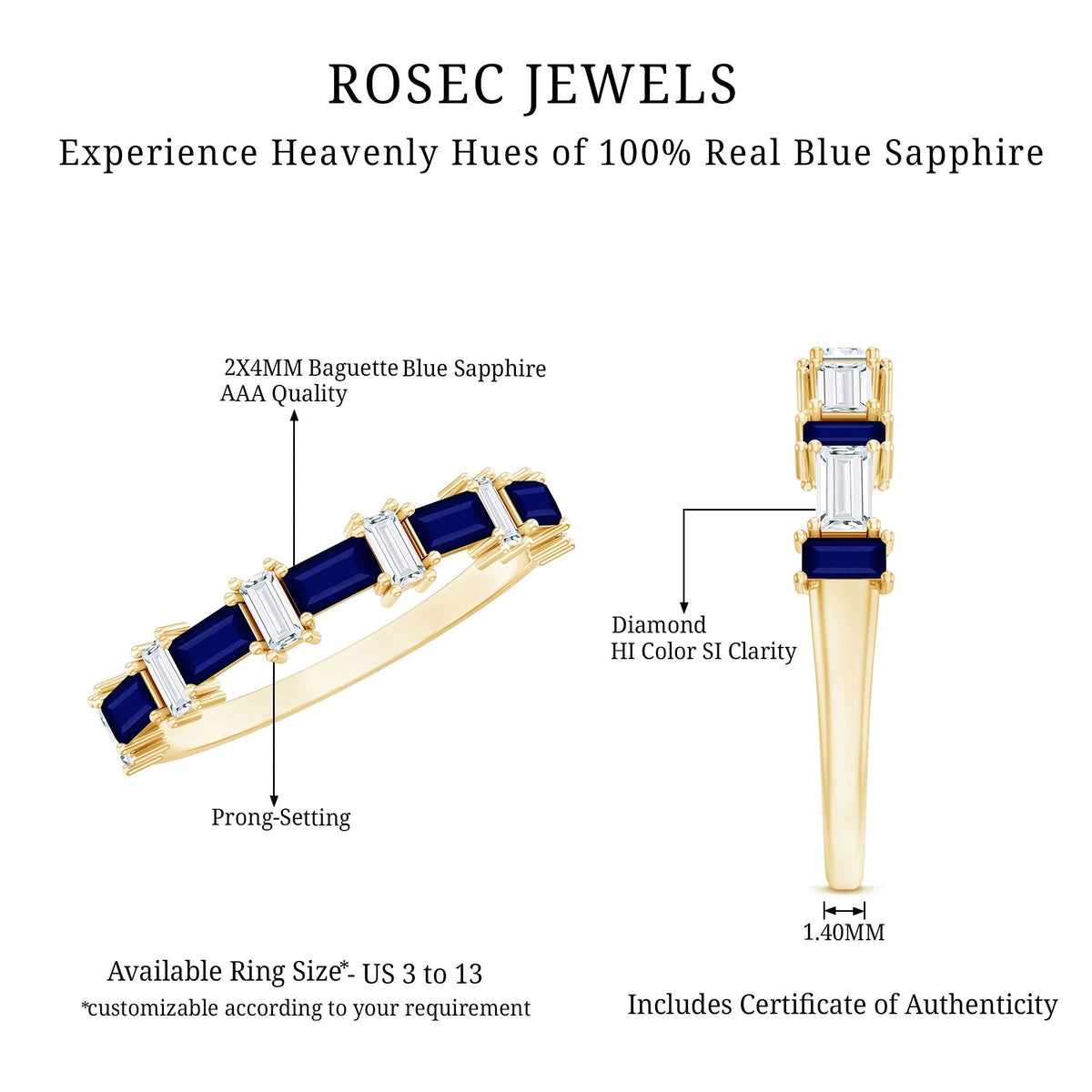 Blue Sapphire Eternity Ring Diamond Half Eternity Baguette Band
