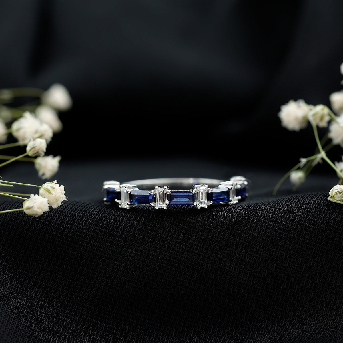 Blue Sapphire Eternity Ring Diamond Half Eternity Baguette Band