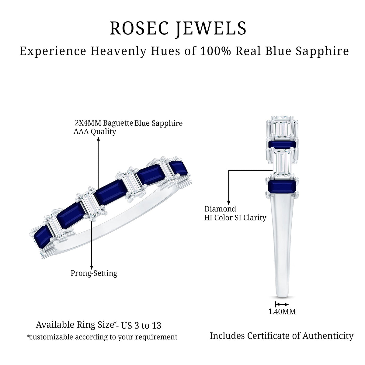 Blue Sapphire Eternity Ring Diamond Half Eternity Baguette Band