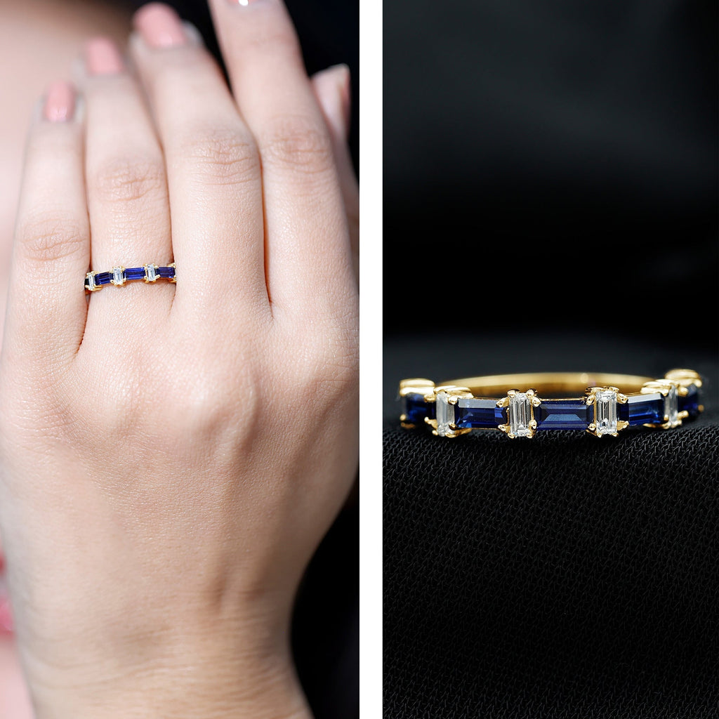 Blue Sapphire Eternity Ring Diamond Half Eternity Baguette Band