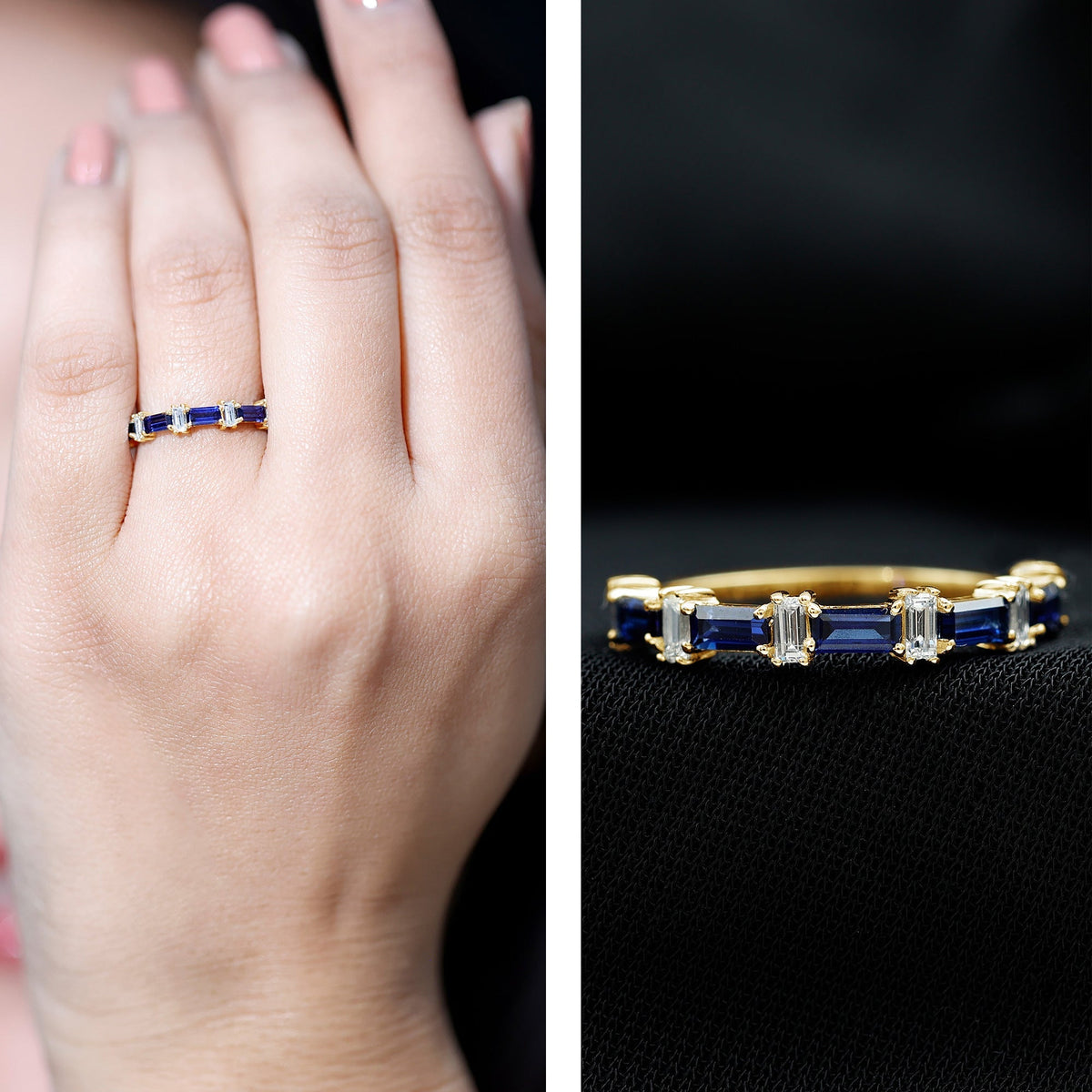 Blue Sapphire Eternity Ring Diamond Half Eternity Baguette Band