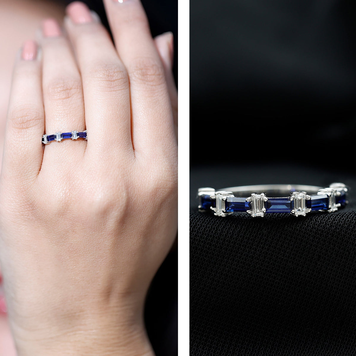 Blue Sapphire Eternity Ring Diamond Half Eternity Baguette Band