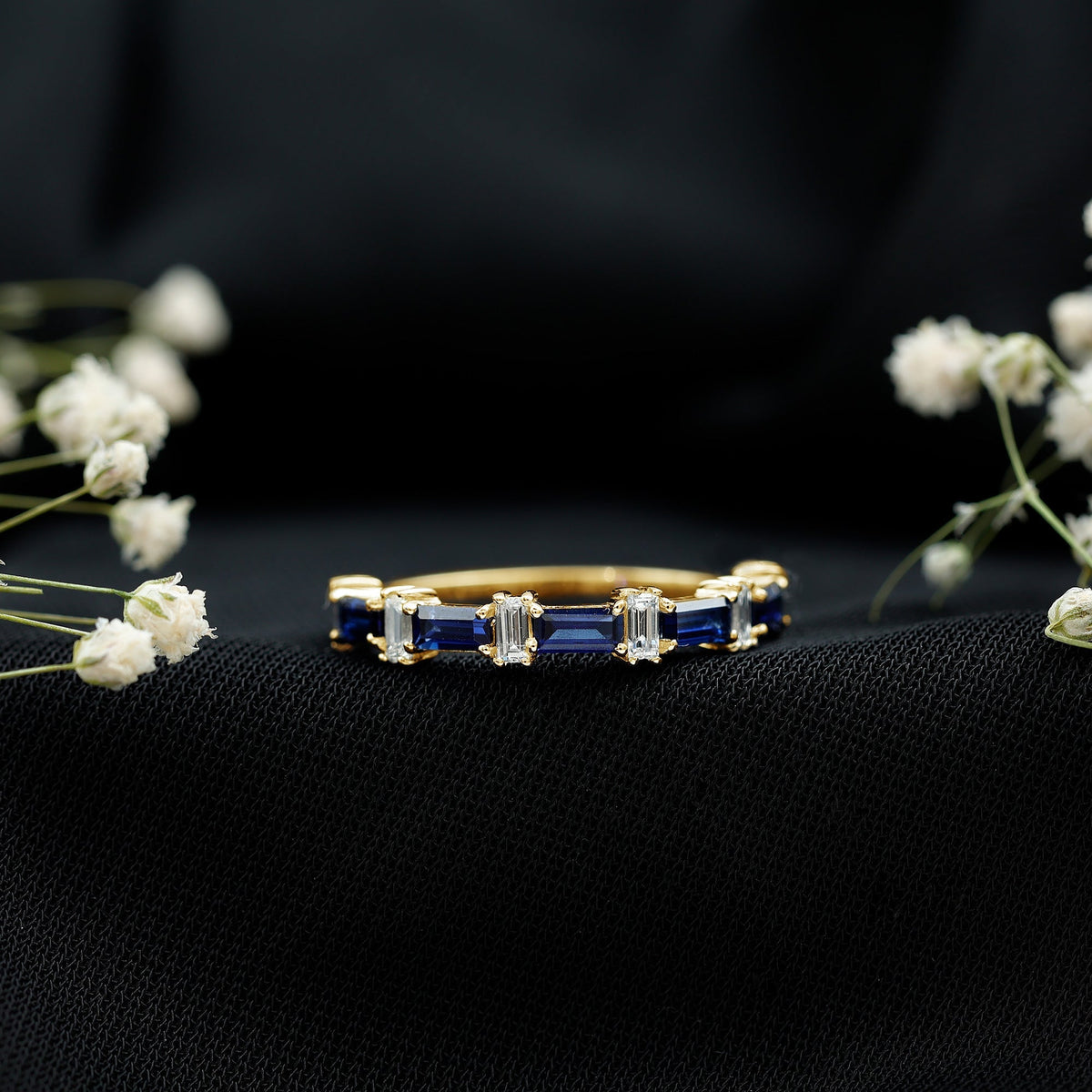Blue Sapphire Eternity Ring Diamond Half Eternity Baguette Band