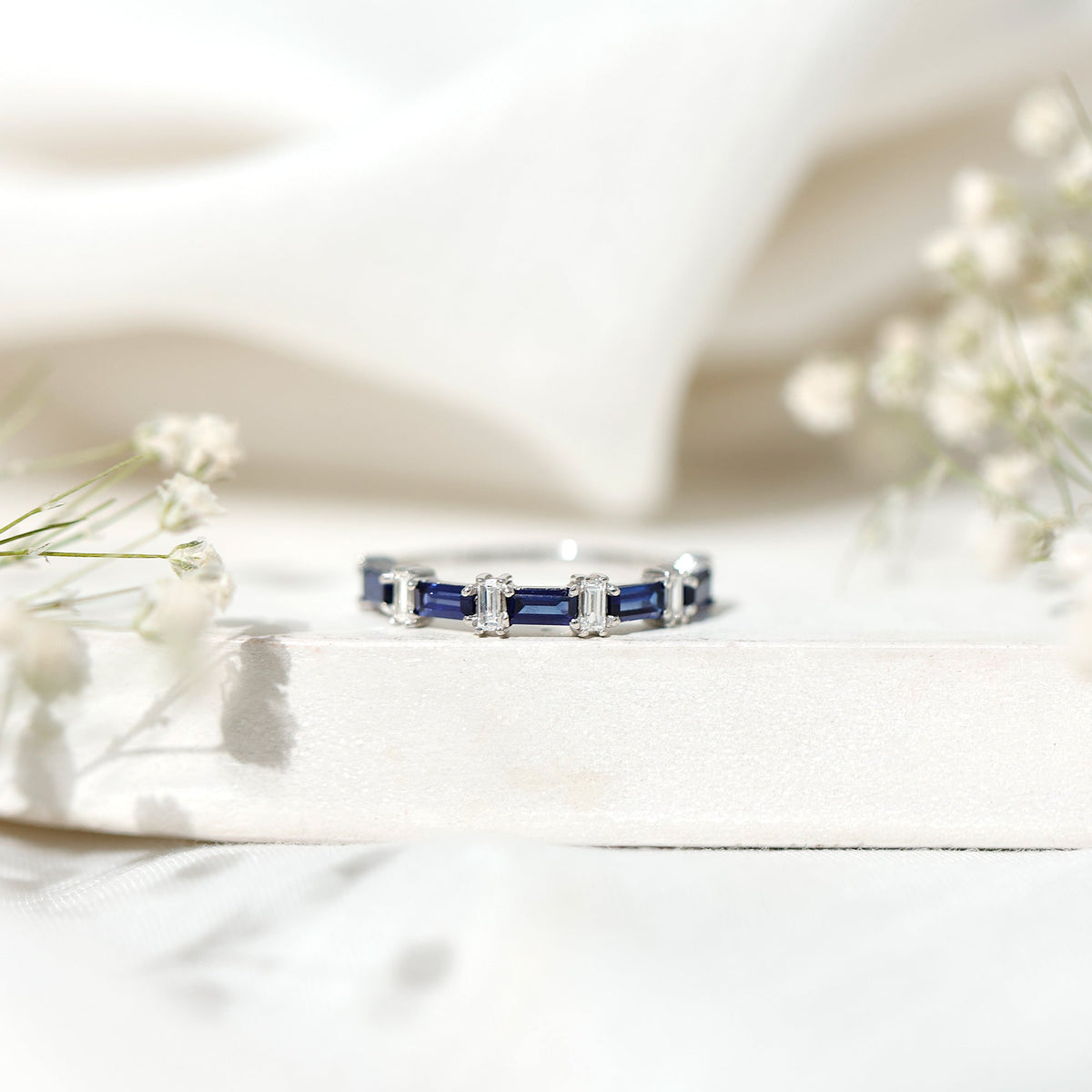 Blue Sapphire Eternity Ring Diamond Half Eternity Baguette Band