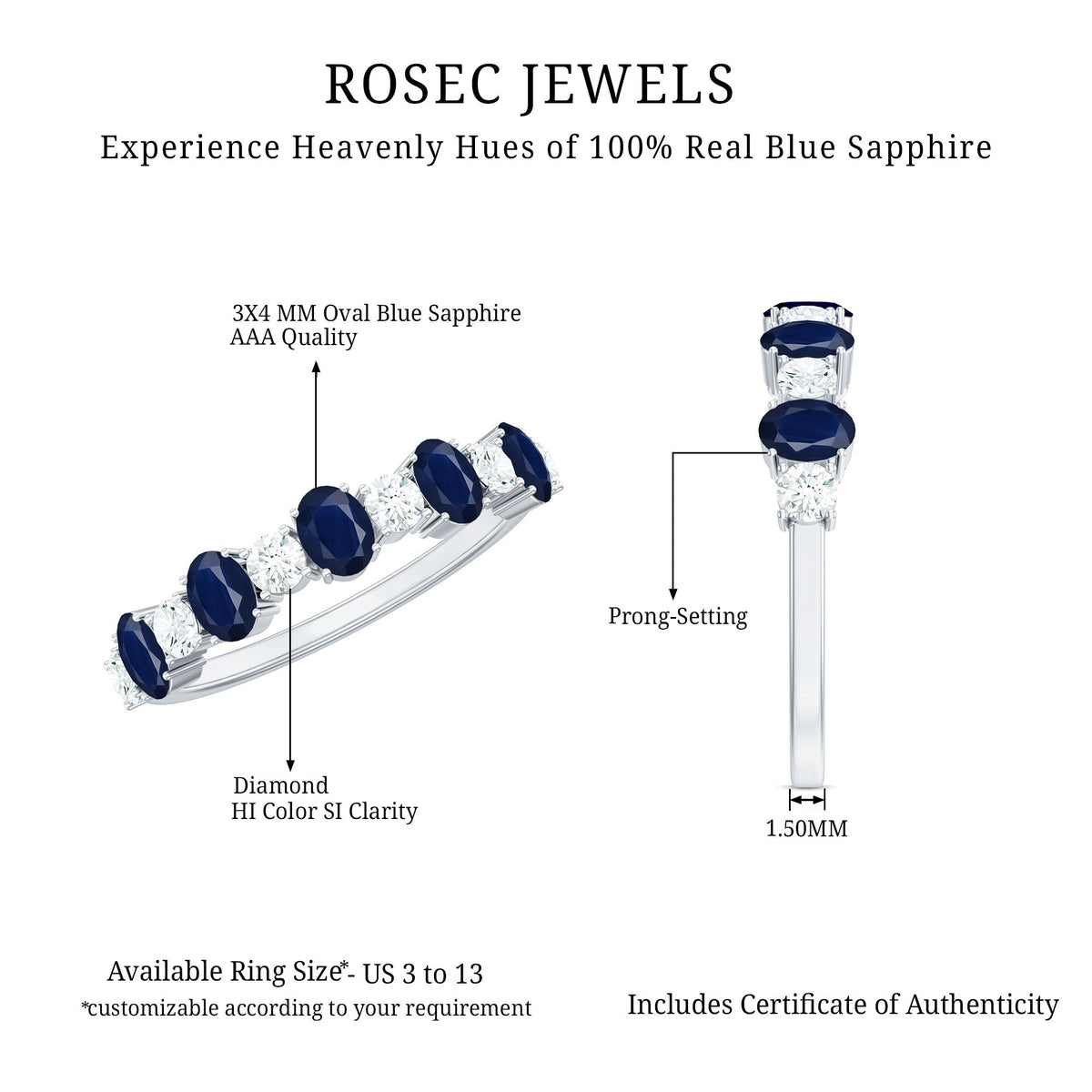 Blue Sapphire Eternity Ring Diamond Half Eternity Ring For Women