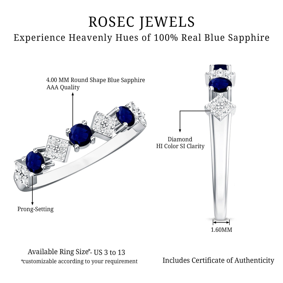 Blue Sapphire Eternity Ring Diamond Half Eternity Wedding Band 4mm