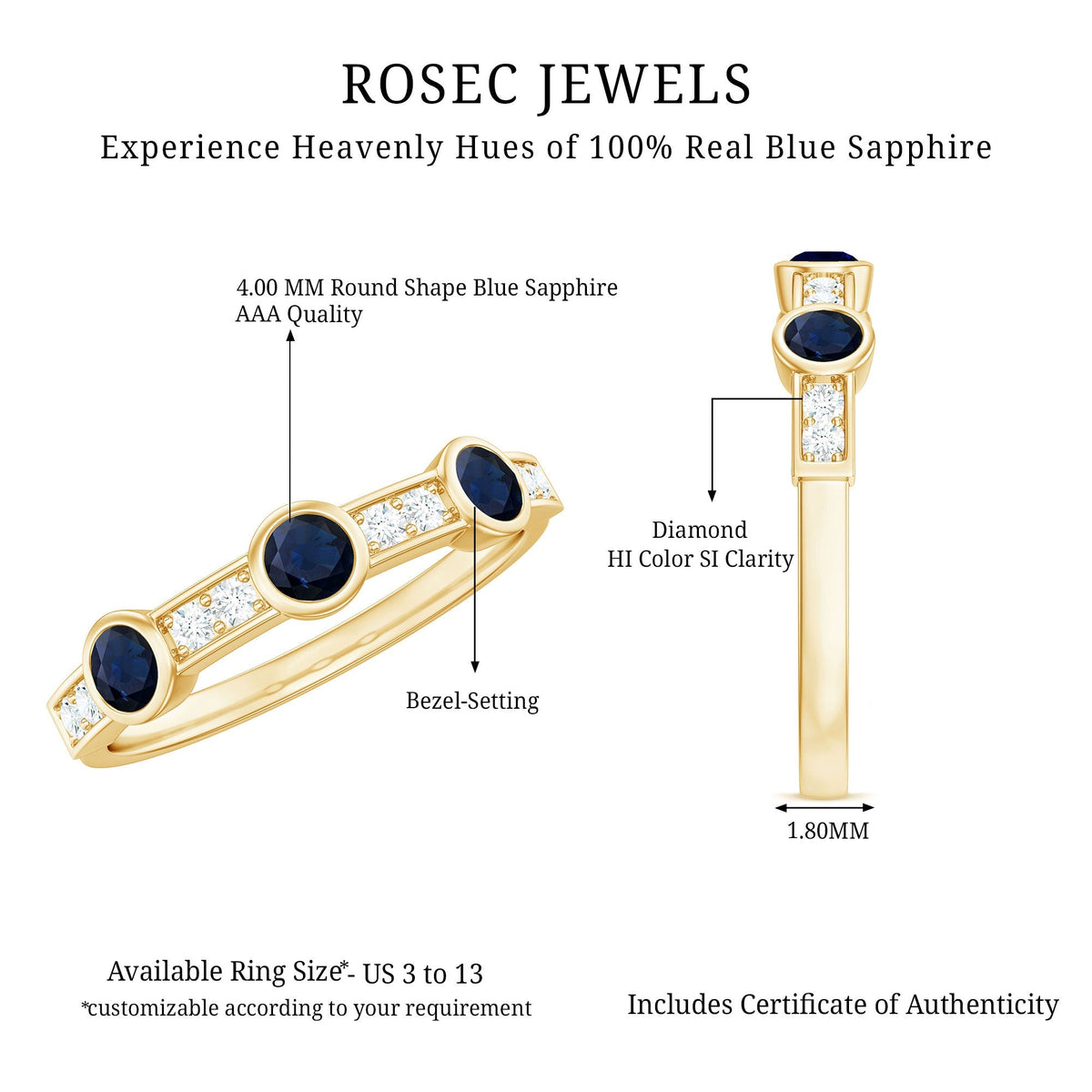 Blue Sapphire Eternity Ring, Half Eternity Diamond Ring For Women