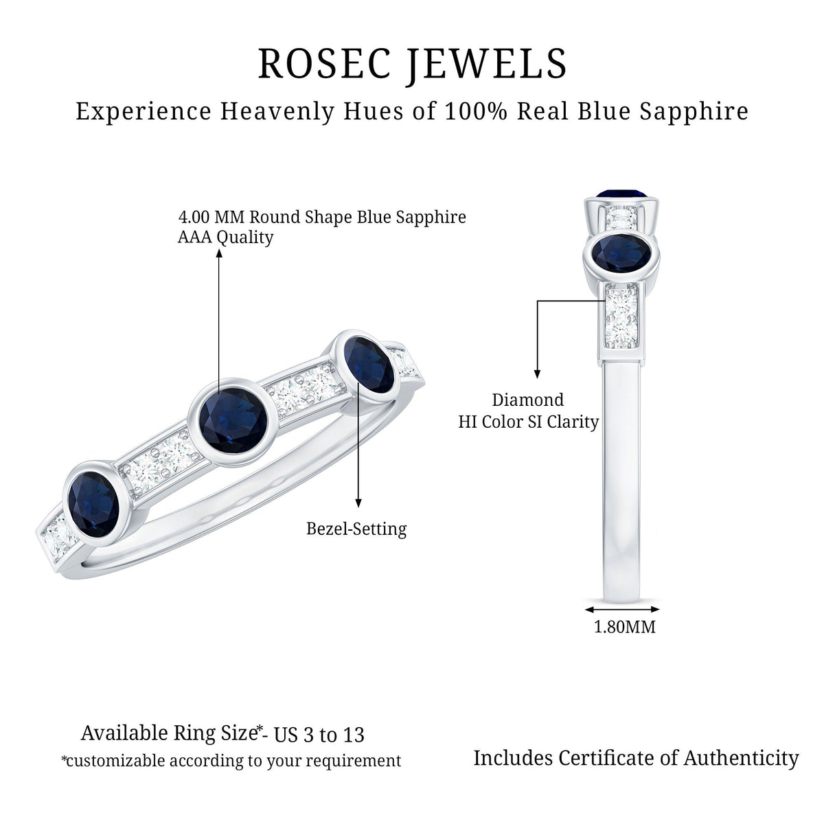 Blue Sapphire Eternity Ring, Half Eternity Diamond Ring For Women