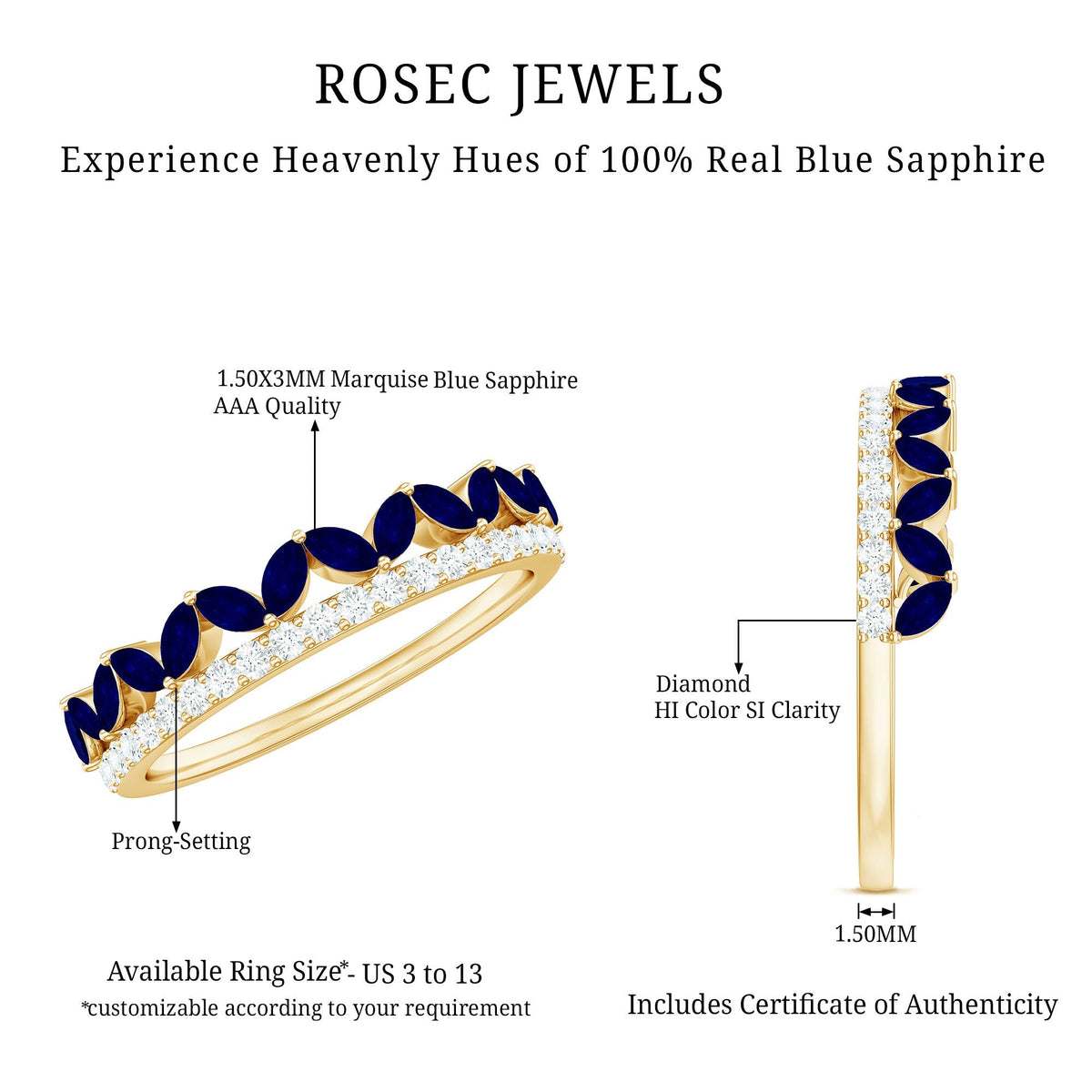 Blue Sapphire Eternity Ring Marquise Half Eternity Diamond Ring