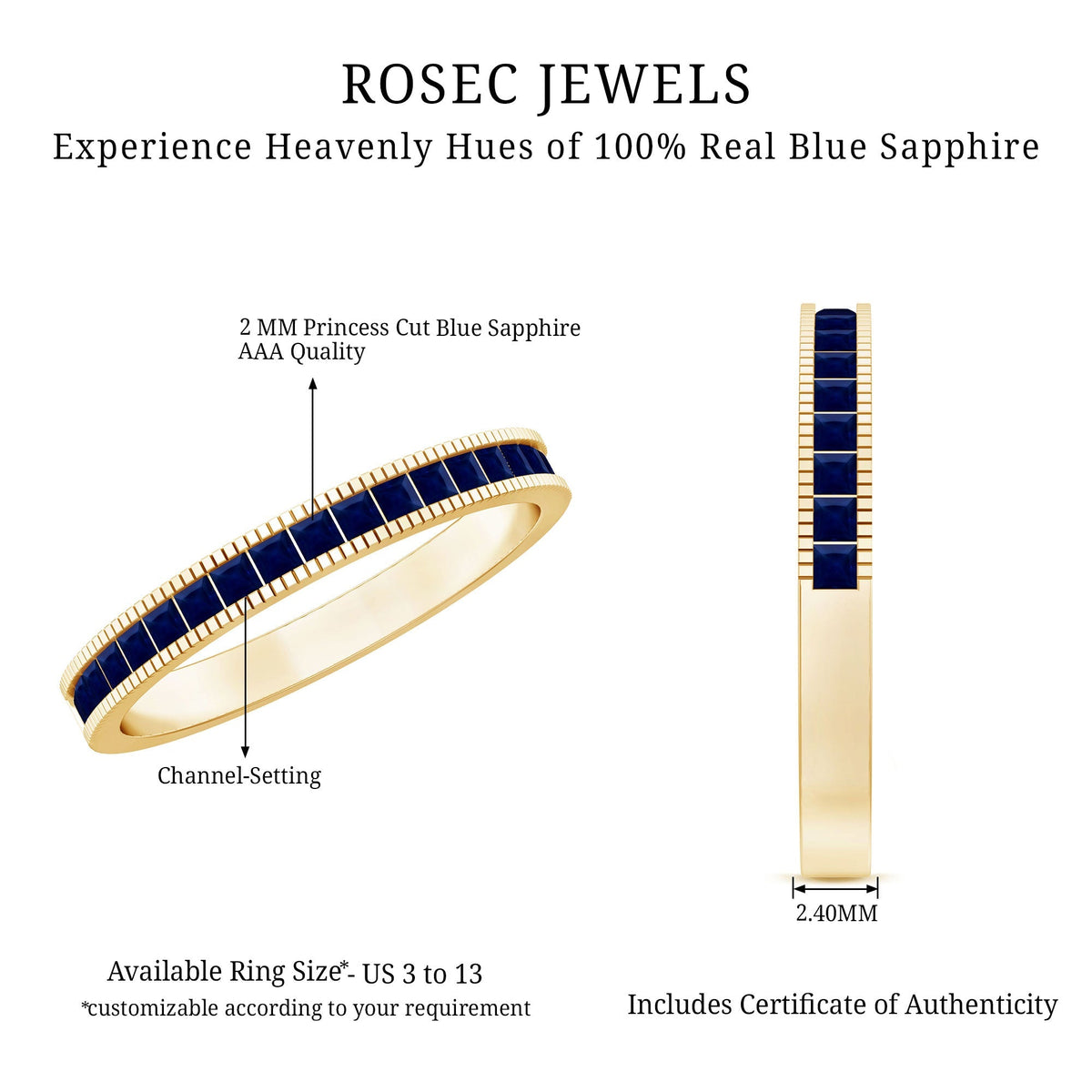 Blue Sapphire Eternity Ring, Princess Cut Channel Set Band