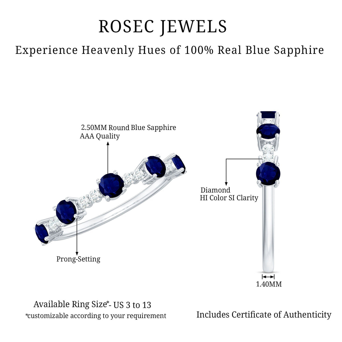 Blue Sapphire Eternity Ring, Round Diamond Half Eternity Band