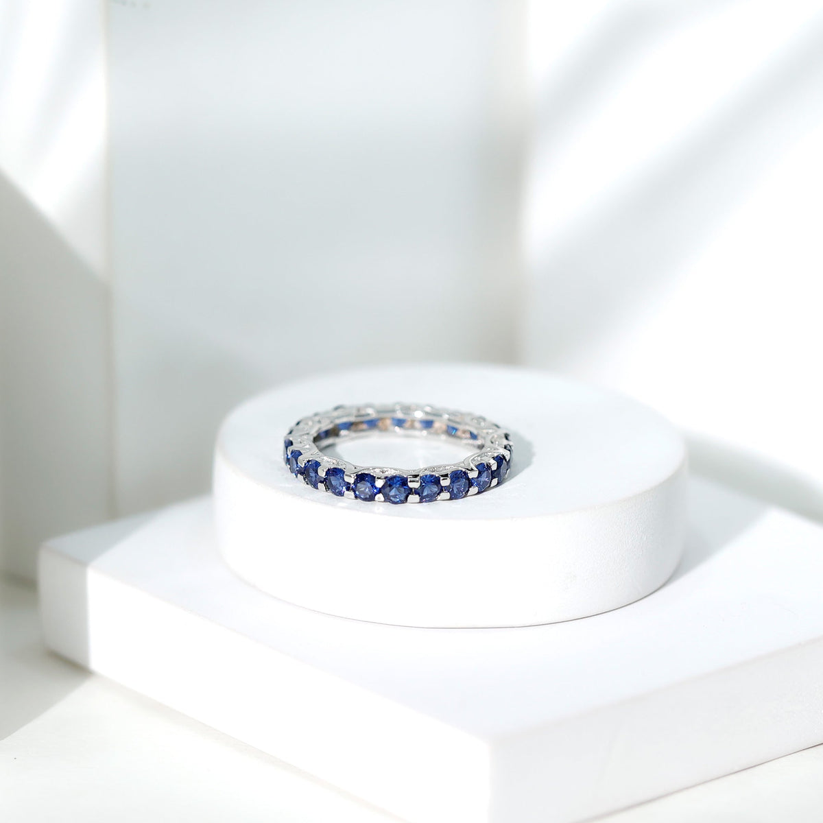 Blue Sapphire Eternity Ring, Round Lab Grown Full Eternity Band
