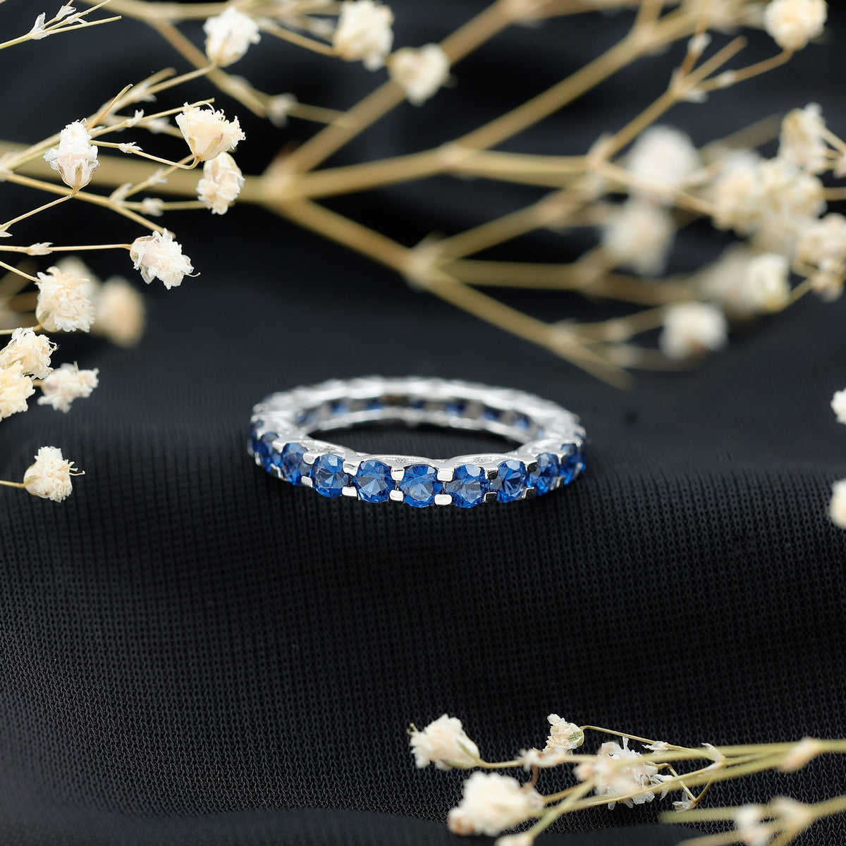 Blue Sapphire Eternity Ring, Round Lab Grown Full Eternity Band