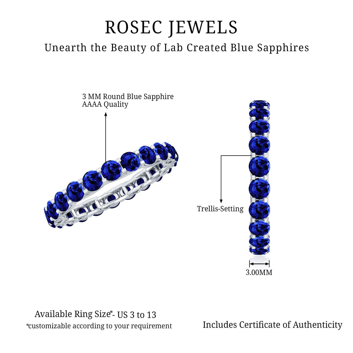 Blue Sapphire Eternity Ring, Round Lab Grown Full Eternity Band