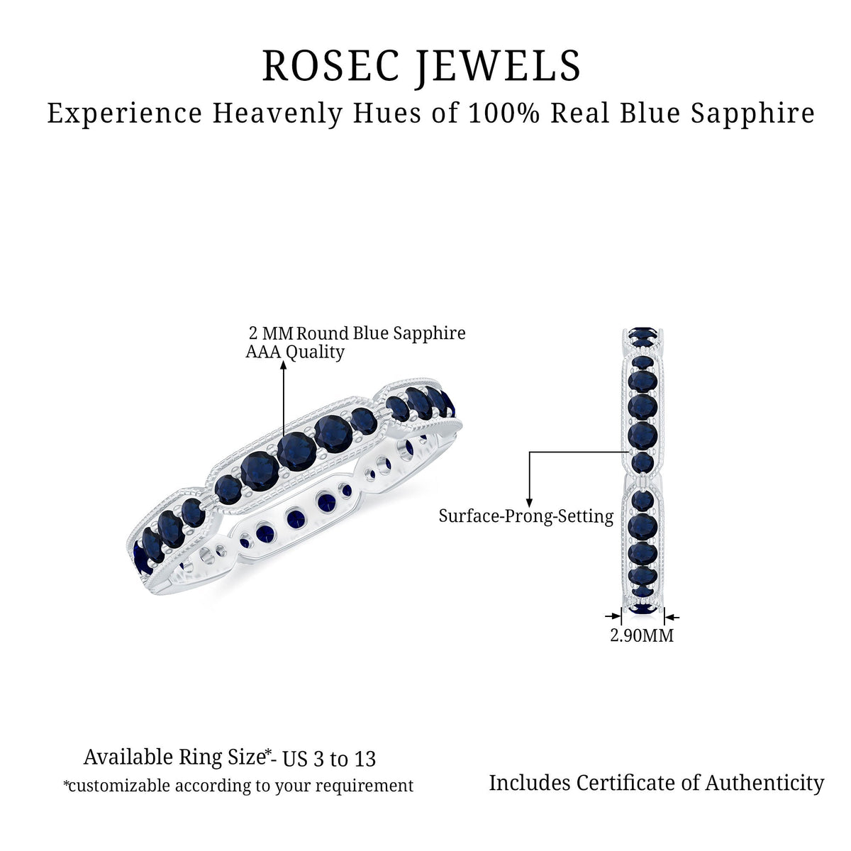 Blue Sapphire Eternity Ring With Milgrain Detail Band For Women