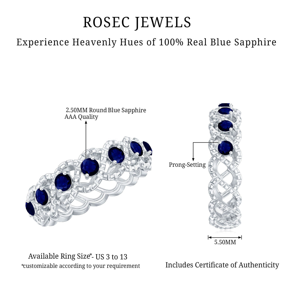 Blue Sapphire Infinity Band Twisted Half Eternity Ring For Women