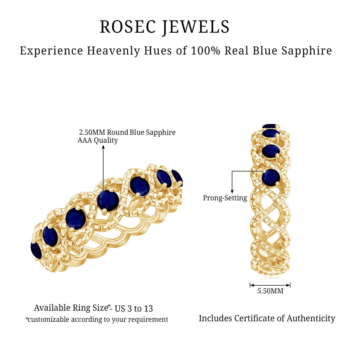 Blue Sapphire Infinity Band Twisted Half Eternity Ring For Women