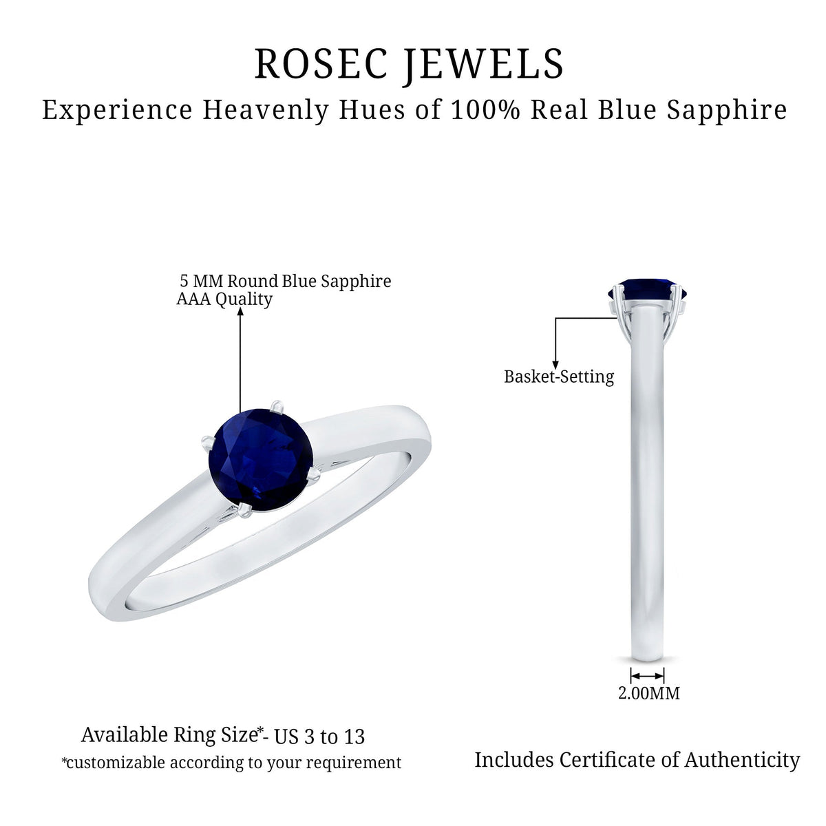 Blue Sapphire Promise Ring, 0.95 Carat Solitaire Ring For Women