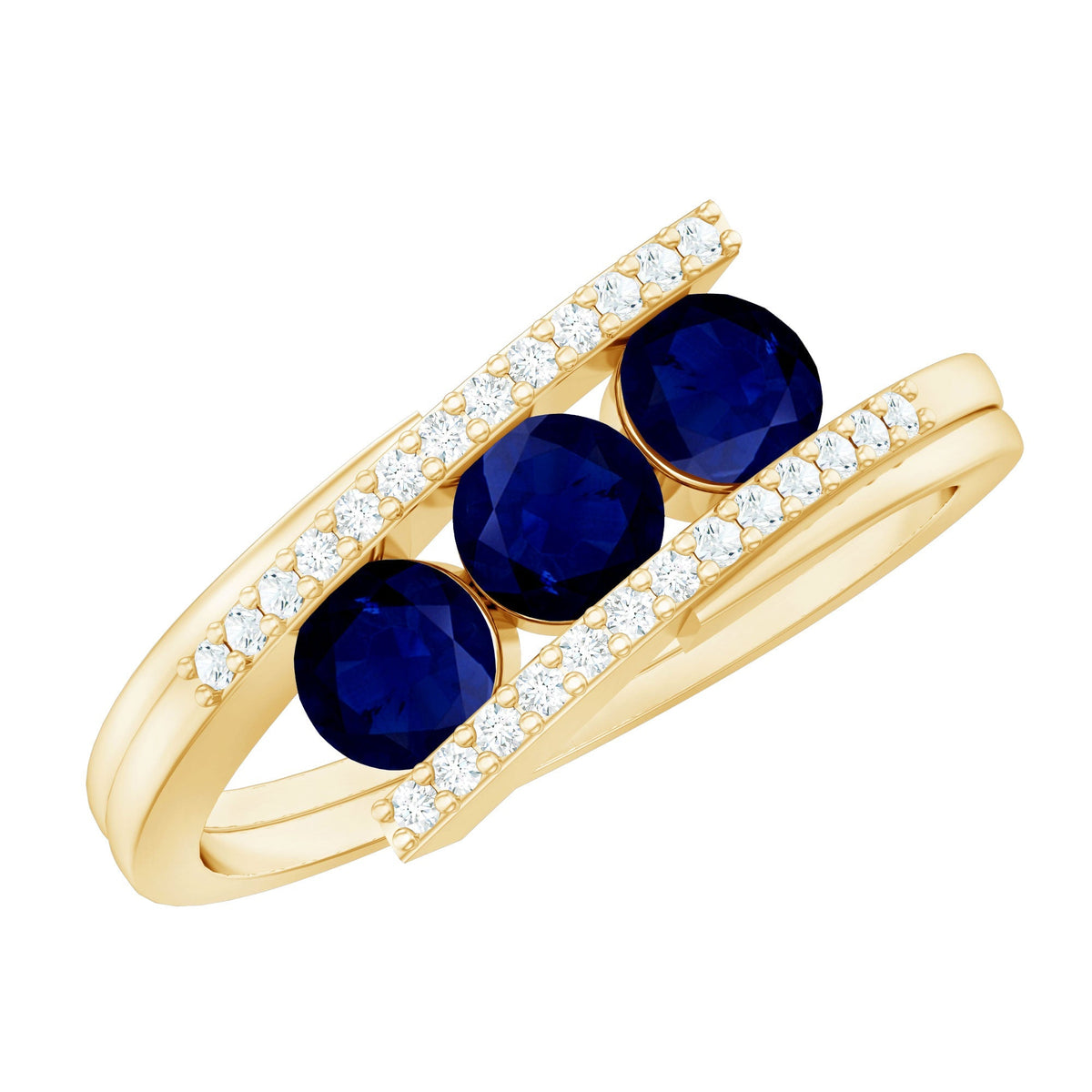 Blue Sapphire Promise Ring, 3 Stone Diamond Bypass Ring For Her