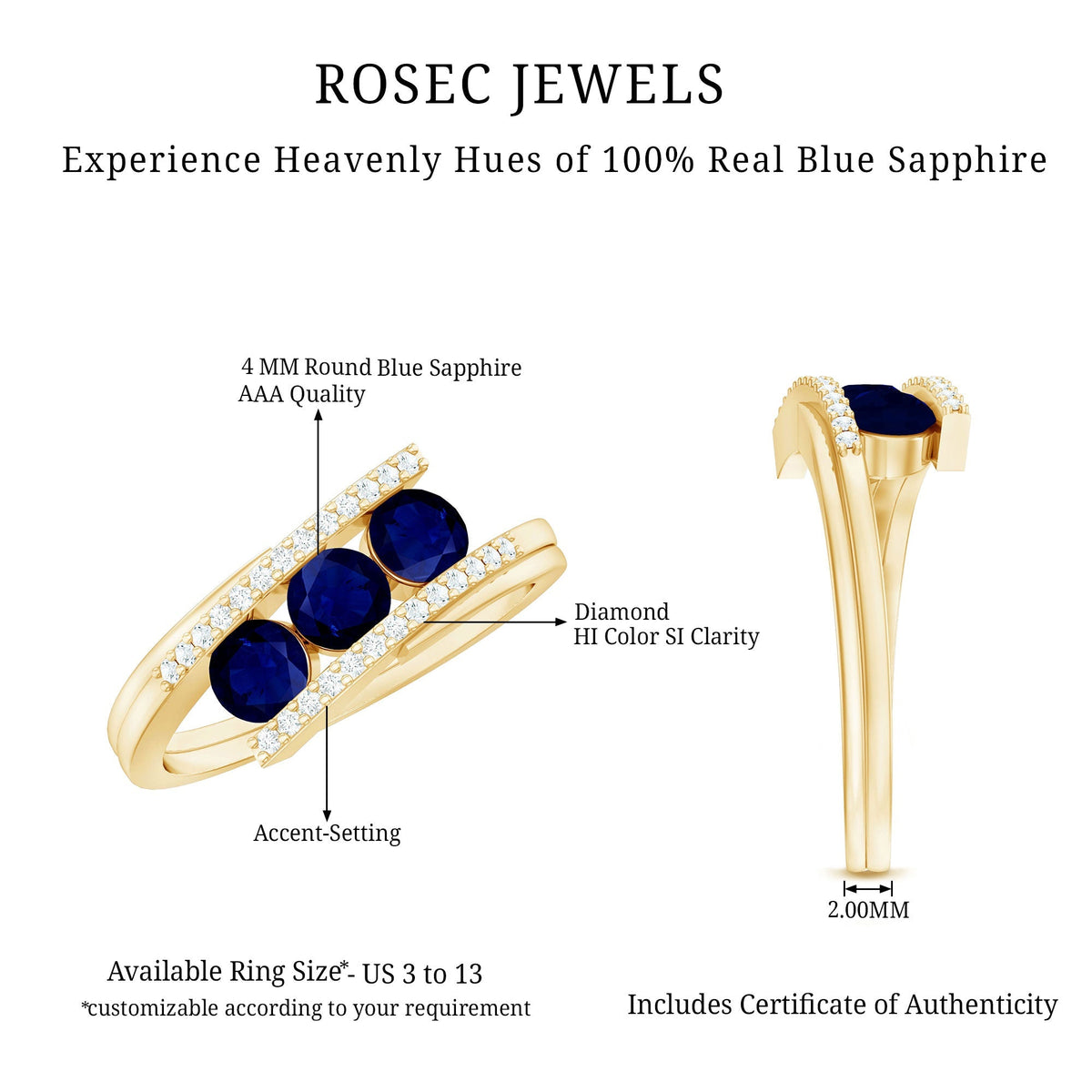Blue Sapphire Promise Ring, 3 Stone Diamond Bypass Ring For Her
