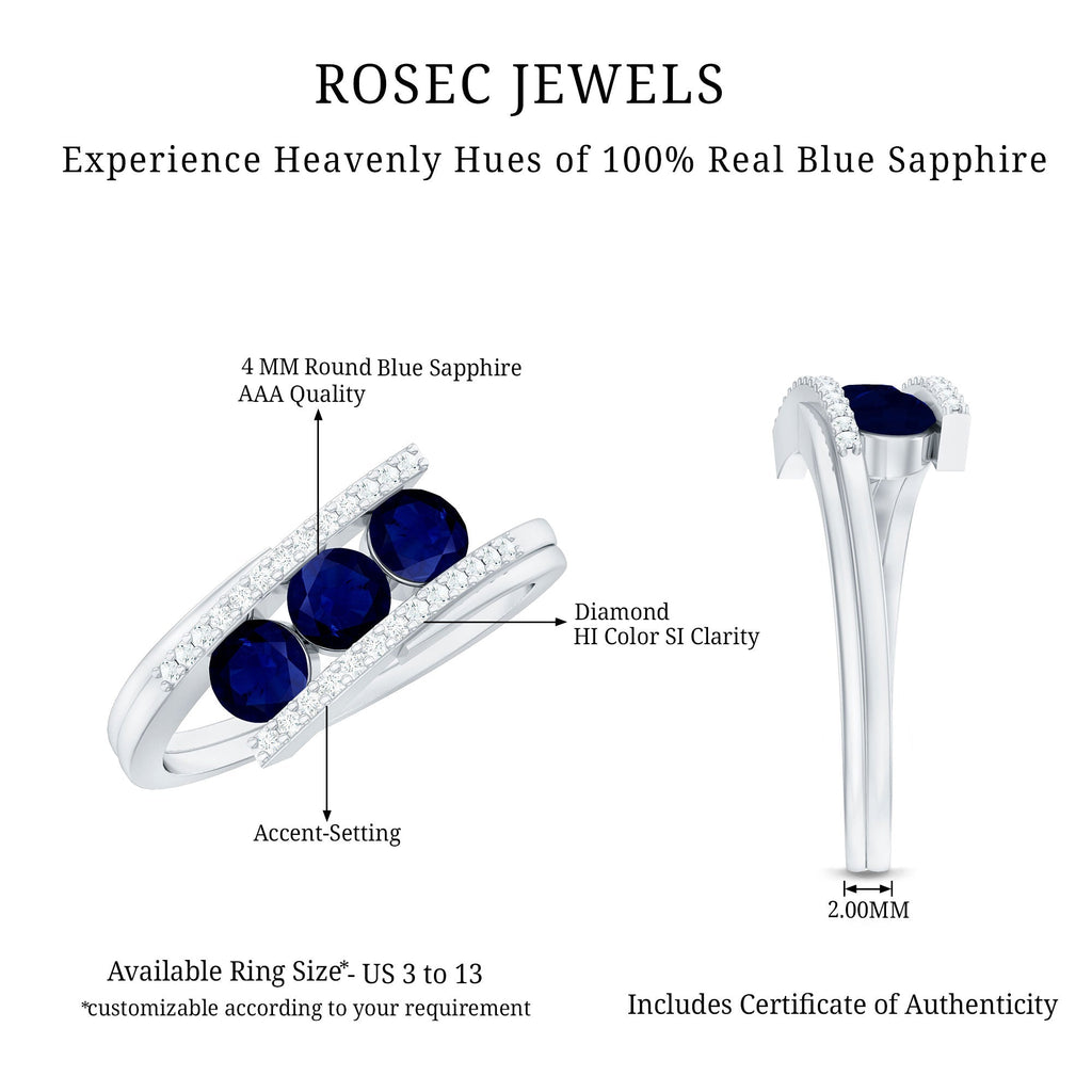 Blue Sapphire Promise Ring, 3 Stone Diamond Bypass Ring For Her