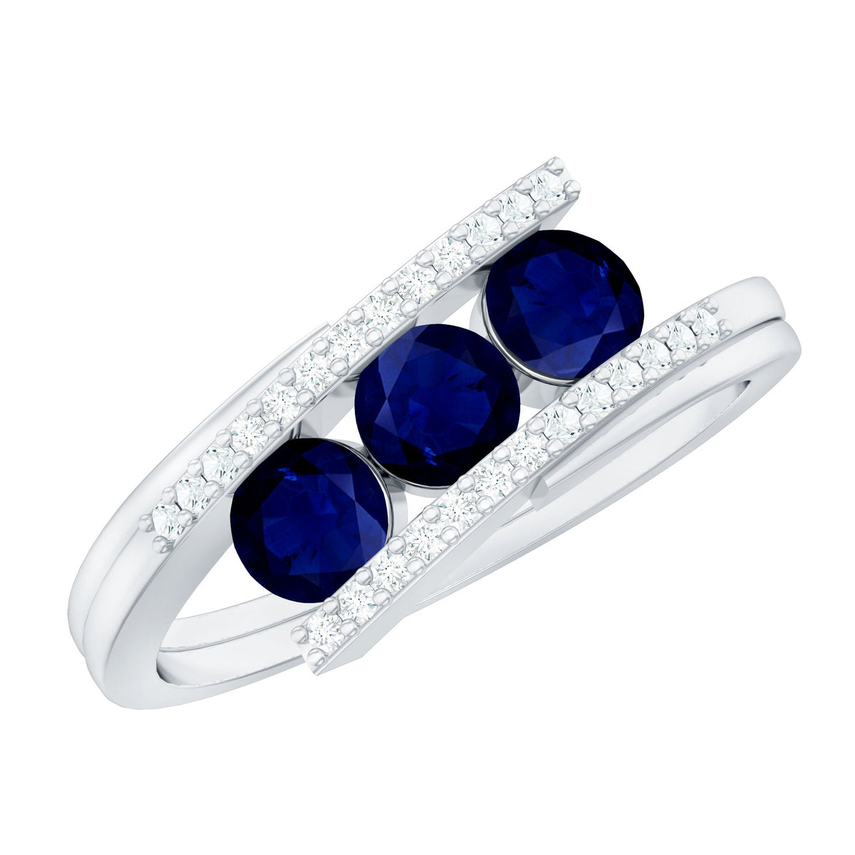 Blue Sapphire Promise Ring, 3 Stone Diamond Bypass Ring For Her