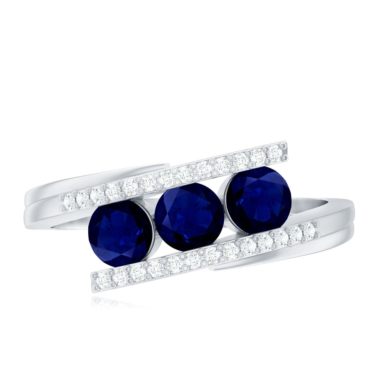 Blue Sapphire Promise Ring, 3 Stone Diamond Bypass Ring For Her