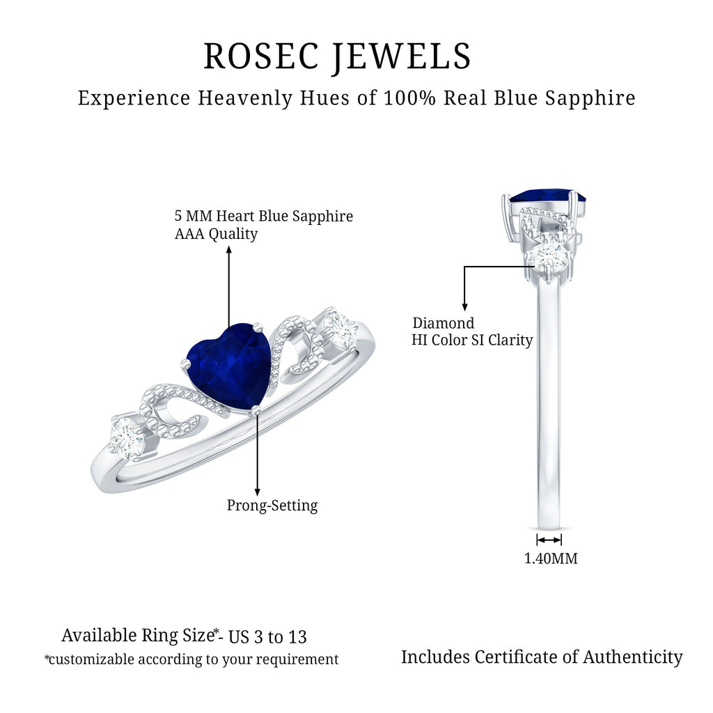 Blue Sapphire Promise Ring, Heart Diamond Beaded Ring