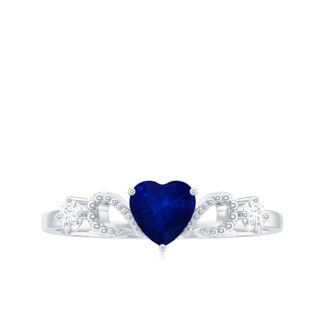 Blue Sapphire Promise Ring, Heart Diamond Beaded Ring