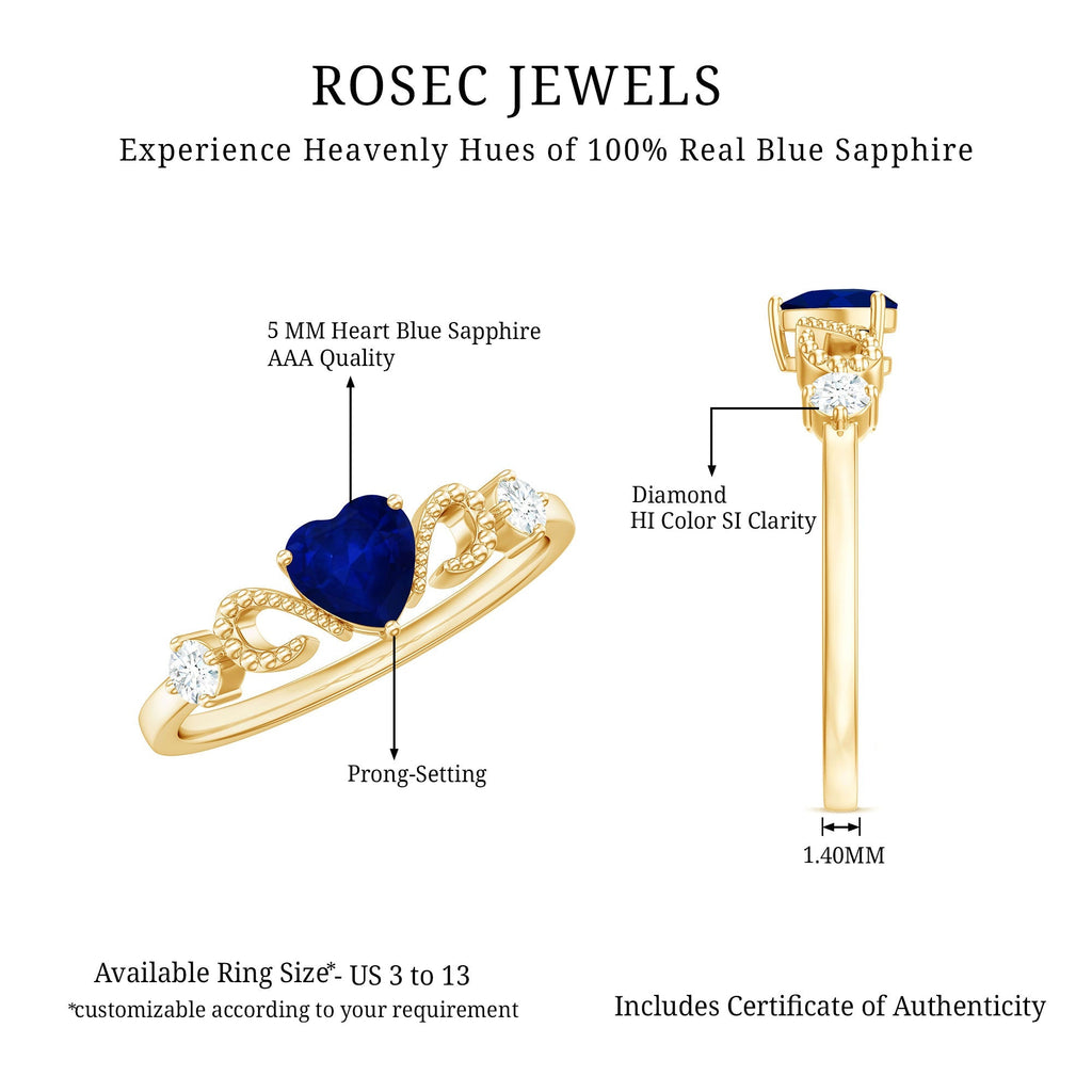 Blue Sapphire Promise Ring, Heart Diamond Beaded Ring