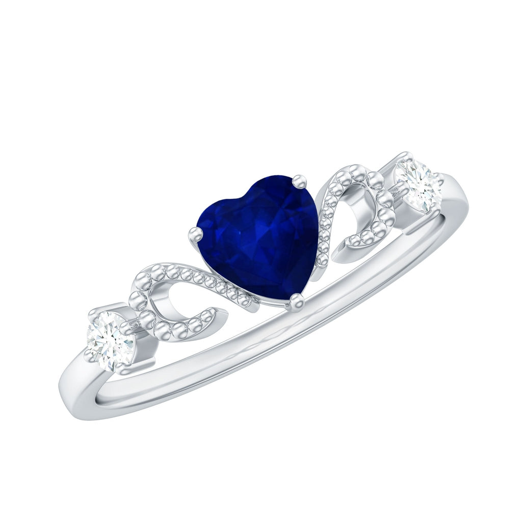Blue Sapphire Promise Ring, Heart Diamond Beaded Ring