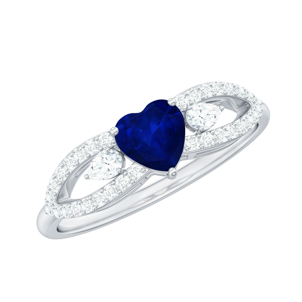Blue Sapphire Promise Ring, Heart Diamond Split Shank Band
