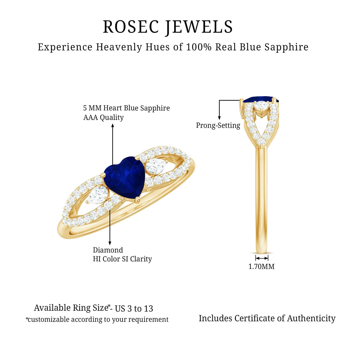 Blue Sapphire Promise Ring, Heart Diamond Split Shank Band