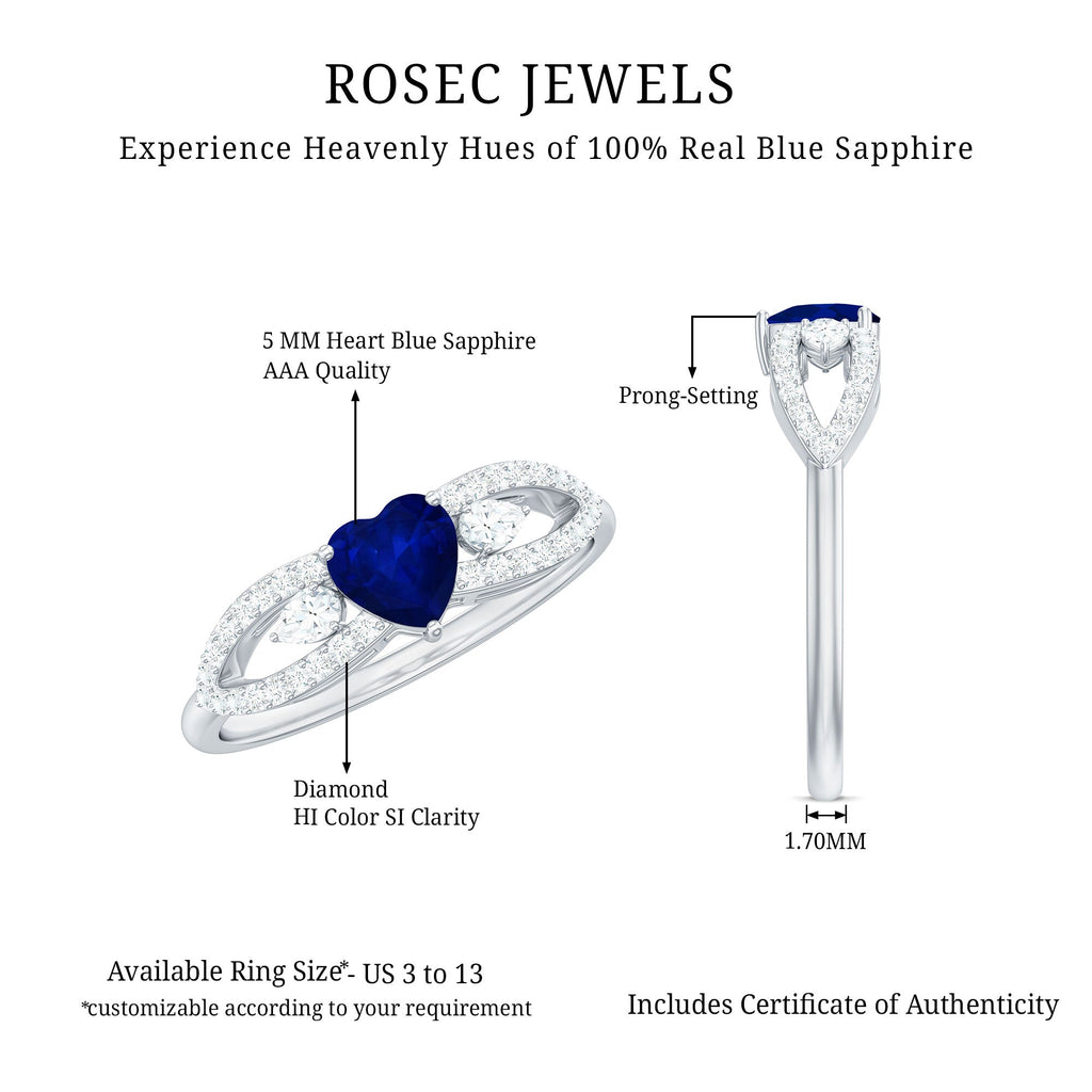 Blue Sapphire Promise Ring, Heart Diamond Split Shank Band