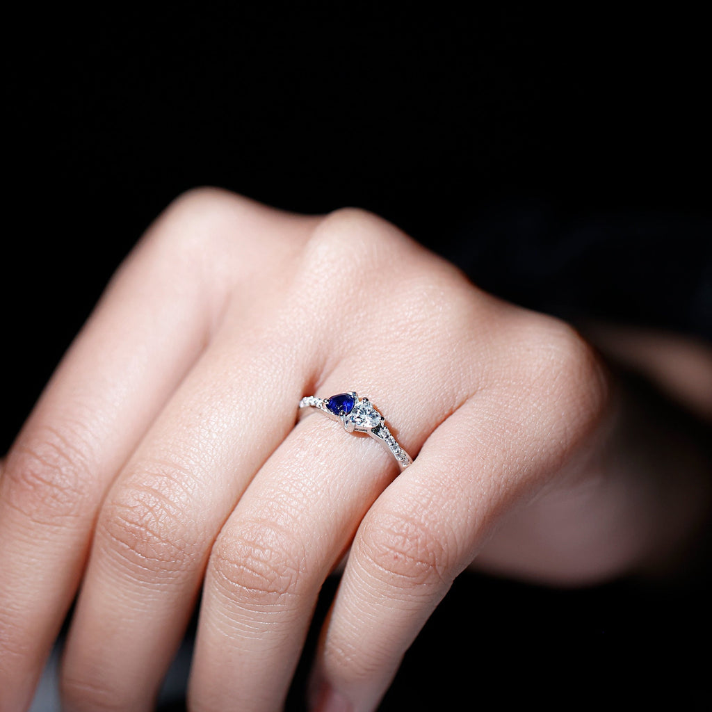 Blue Sapphire Promise Ring, Heart Shape Lab Grown Diamond Ring