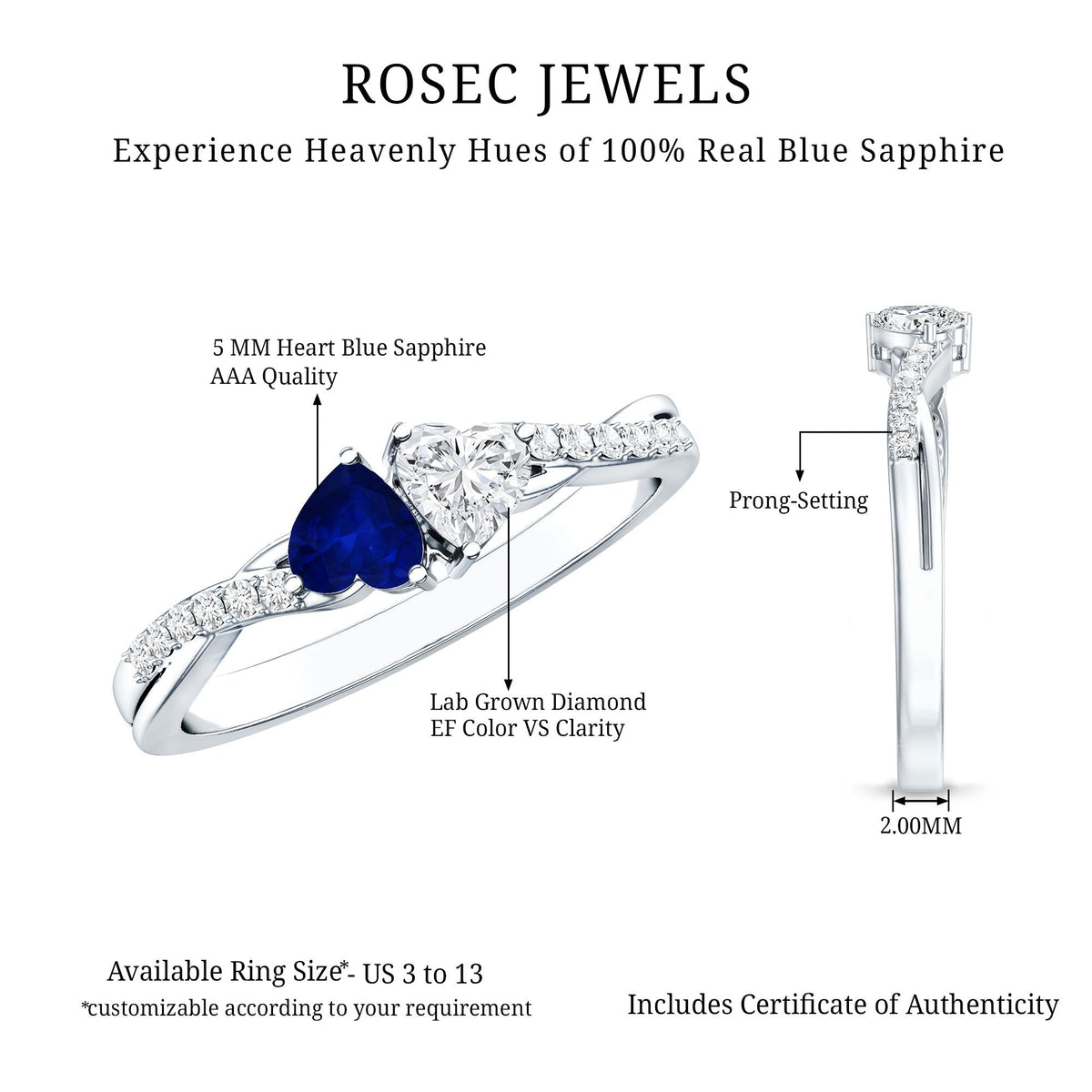 Blue Sapphire Promise Ring, Heart Shape Lab Grown Diamond Ring