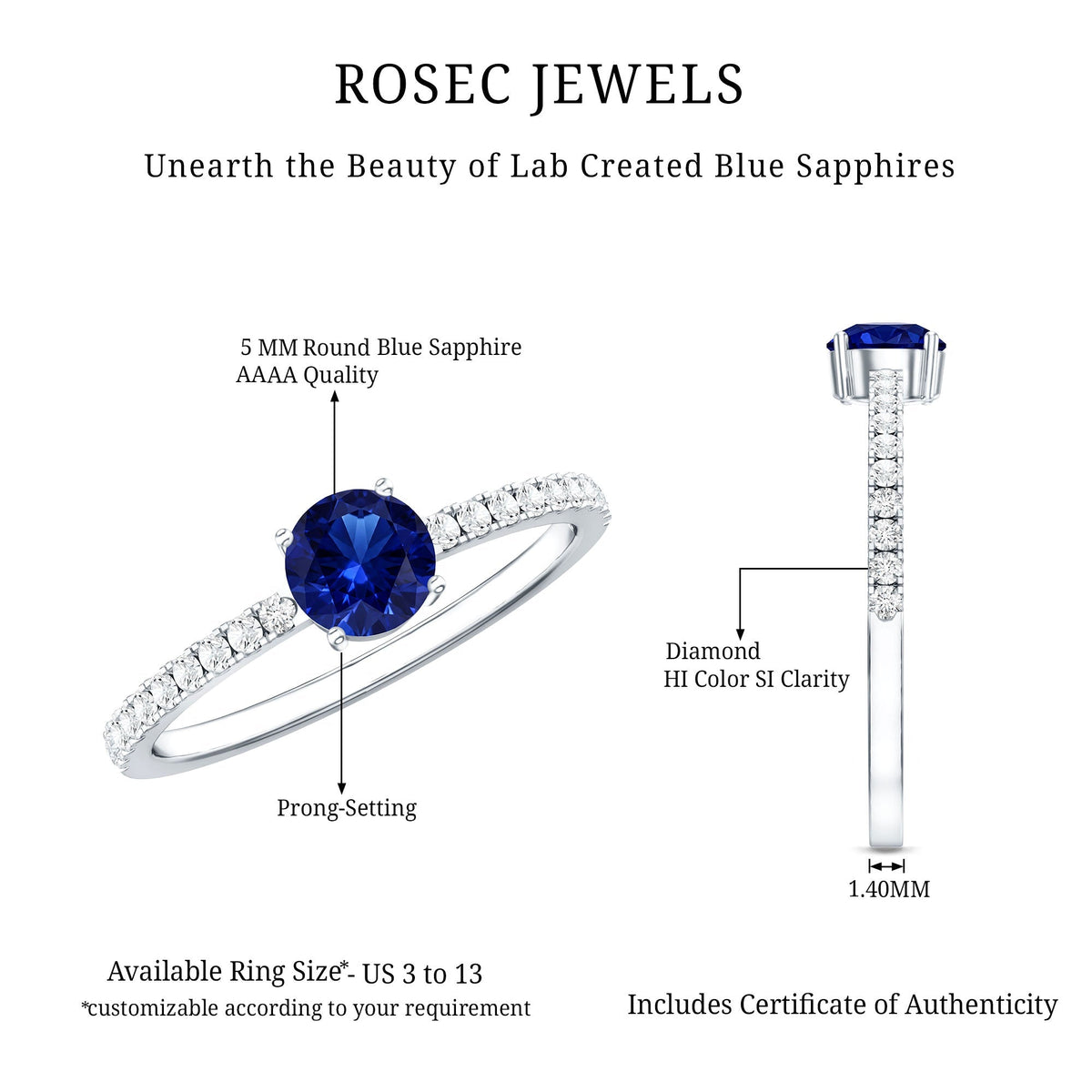 Blue Sapphire Promise Ring, Lab Created, Diamond Side Stones