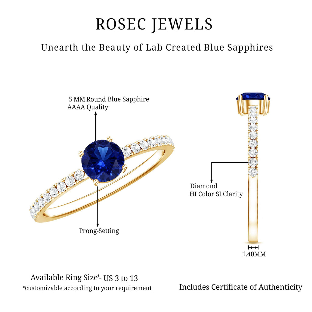 Blue Sapphire Promise Ring, Lab Created, Diamond Side Stones
