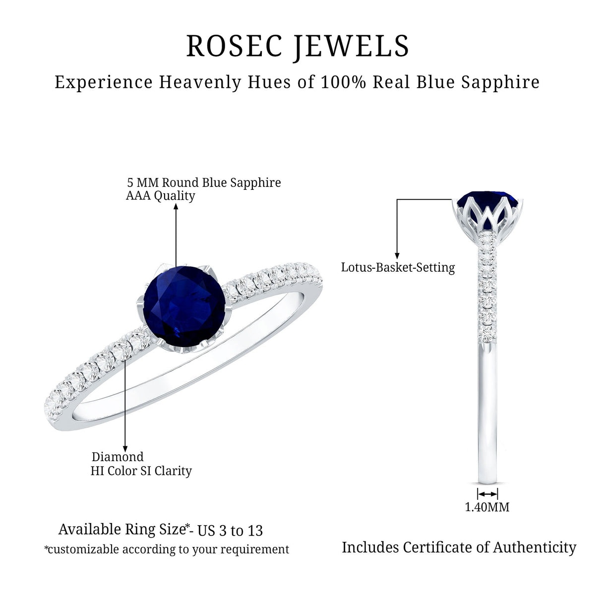 Blue Sapphire Promise Ring, Lotus Basket Diamond Solitaire Ring