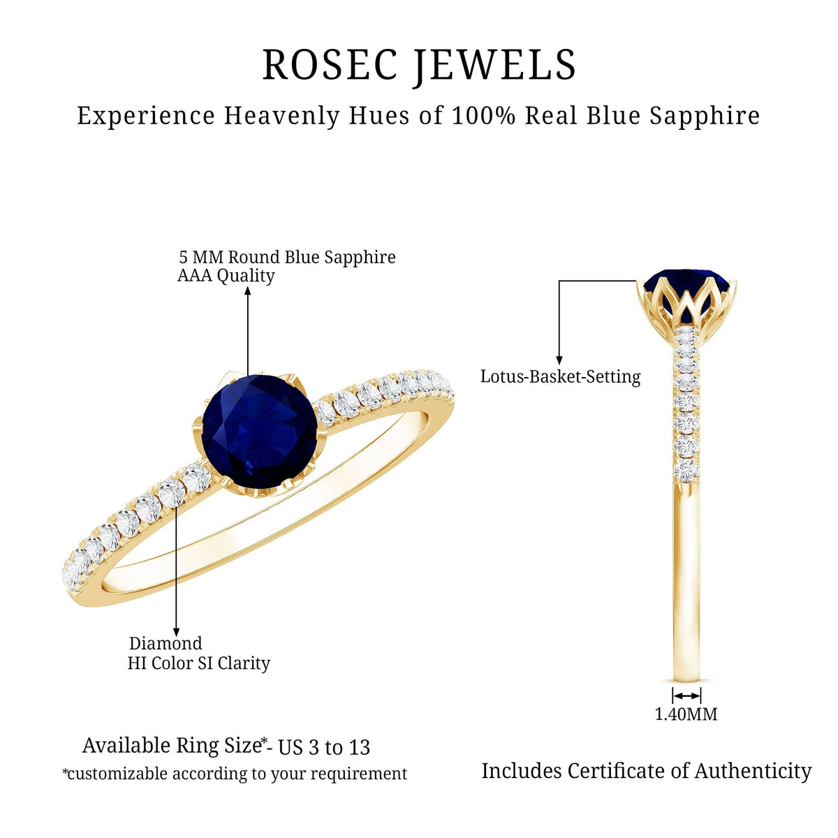 Blue Sapphire Promise Ring, Lotus Basket Diamond Solitaire Ring