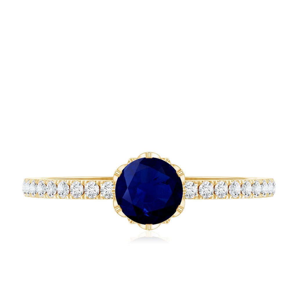 Blue Sapphire Promise Ring, Lotus Basket Diamond Solitaire Ring
