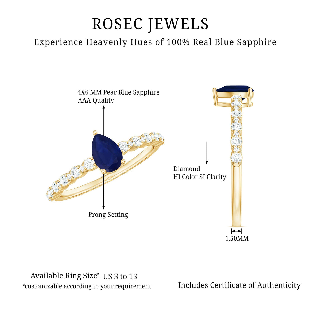 Blue Sapphire Promise Ring, Pear Cut Solitaire & Diamond Accents