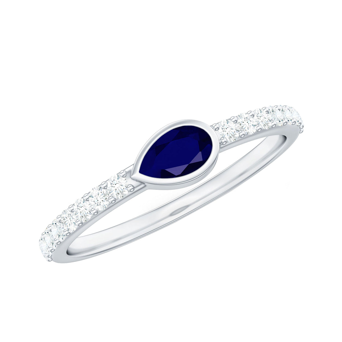 Blue Sapphire Promise Ring Pear Shape Diamond Bezel Setting Style