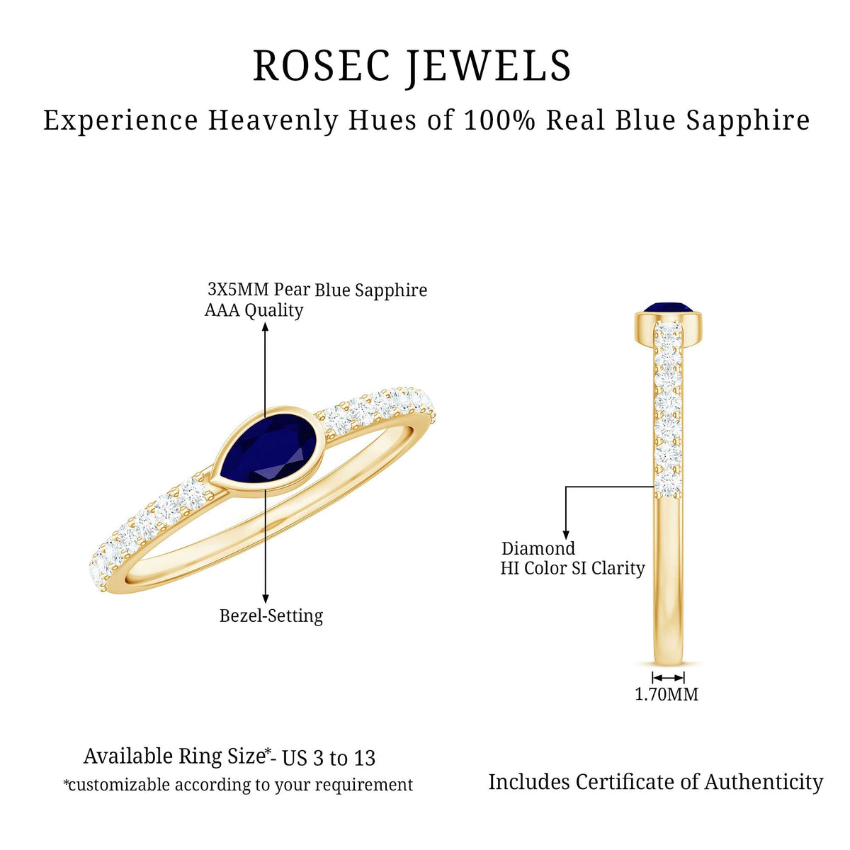 Blue Sapphire Promise Ring Pear Shape Diamond Bezel Setting Style