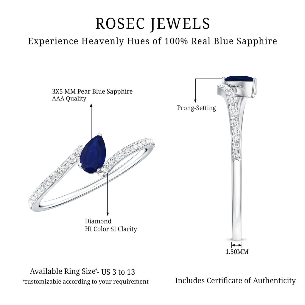 Blue Sapphire Promise Ring, Pear Shaped Bypass With Diamonds