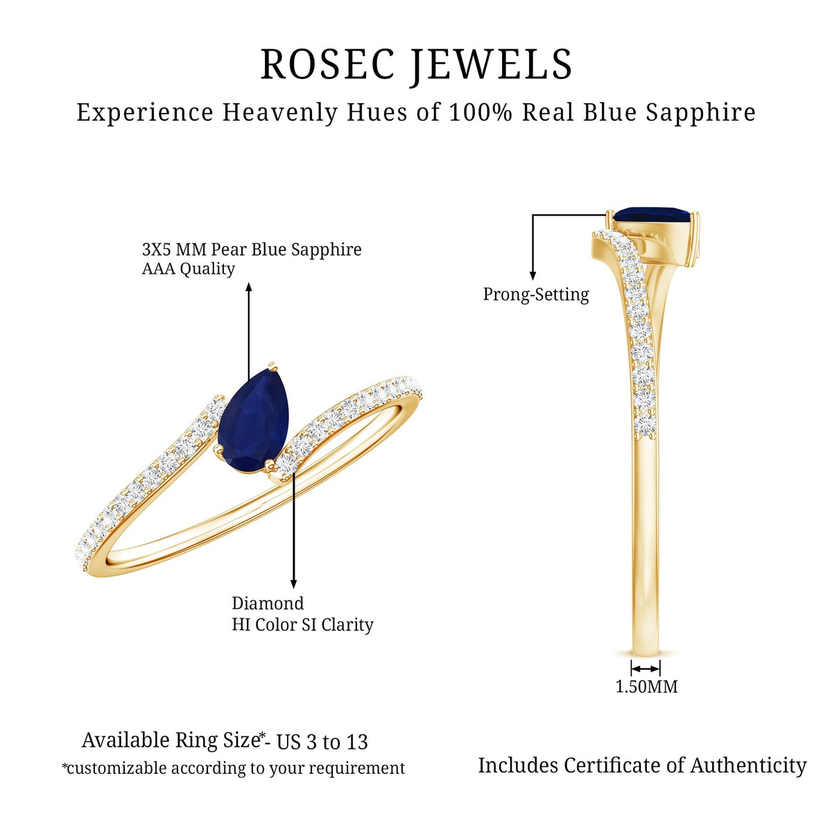 Blue Sapphire Promise Ring, Pear Shaped Bypass With Diamonds