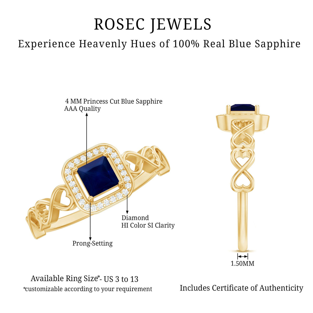 Blue Sapphire Promise Ring, Princess Cut Infinity Heart Ring